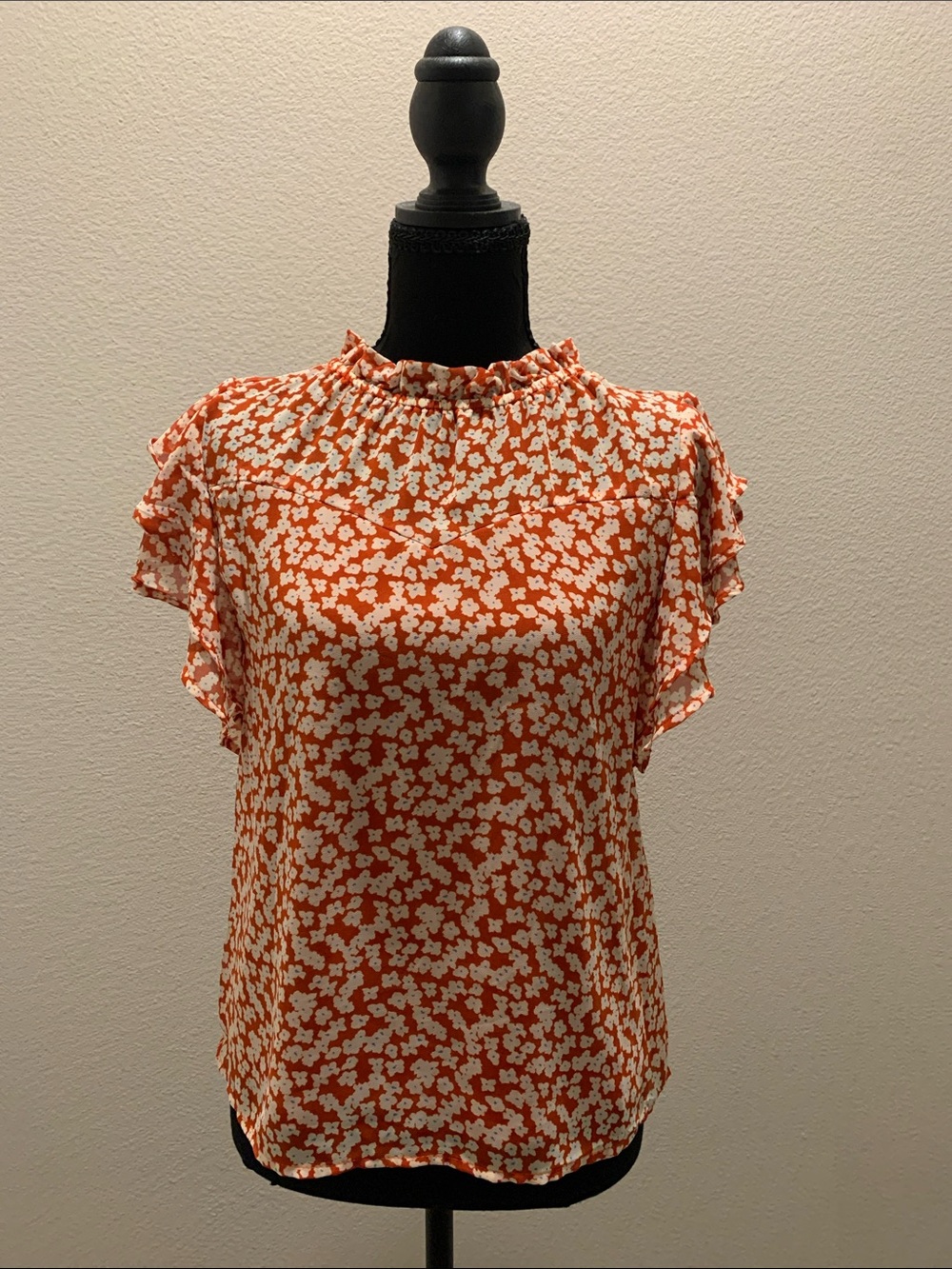 Monteau Ruffled Mock Neck Floral Blouse - Burnt Orange (Size S)